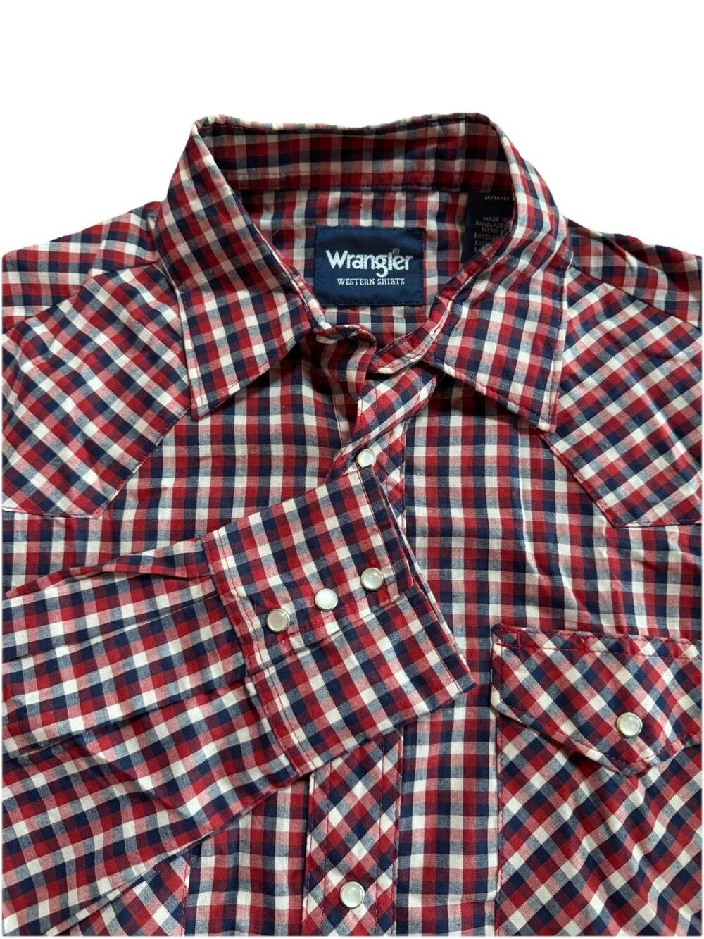 Wrangler Western Shirts Men's M Red White And Blue Plaid Pearl Snap Button Down